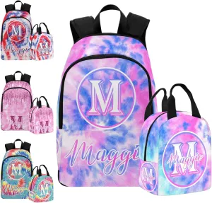 Custom Girls Backpack Lunch Bag Set, Customized Tie Dye Bookbag Lunch Box for Kids Personalized Name Shoulder Bag Daypack for Niece Daughter Granddaughter