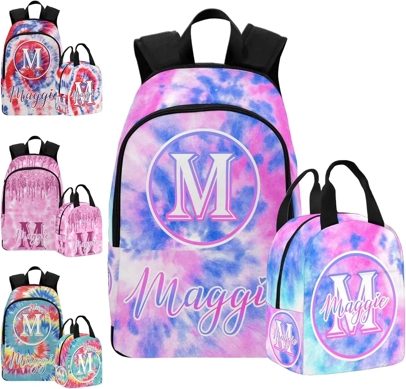 Custom Girls Backpack Lunch Bag Set, Customized Tie Dye Bookbag Lunch Box for Kids Personalized Name Shoulder Bag Daypack for Niece Daughter Granddaughter