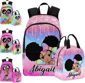Custom Girls Backpack with Lunch Box, Customized Multiple Bookbag Lunch Bag Set with Name Personalized Shoulder Bag Casual Daypack for Daughter Niece