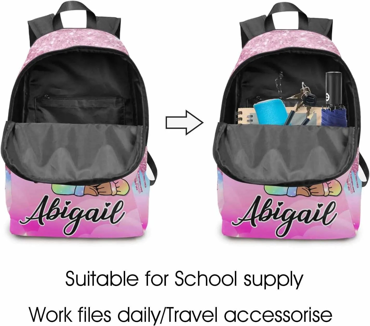 Custom Girls Backpack with Lunch Box, Customized Multiple Bookbag Lunch Bag Set with Name Personalized Shoulder Bag Casual Daypack for Daughter Niece