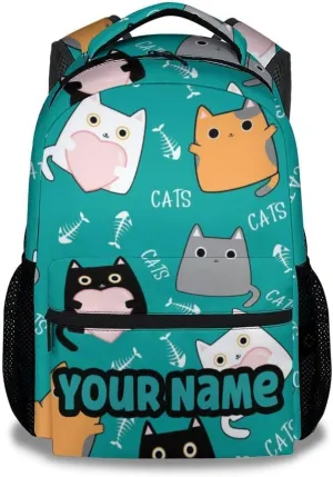 Custom Girls Cat Backpack for School - 16 Inches Cartoon Personalized Backpacks - Green Durable Bookbag for Middle School