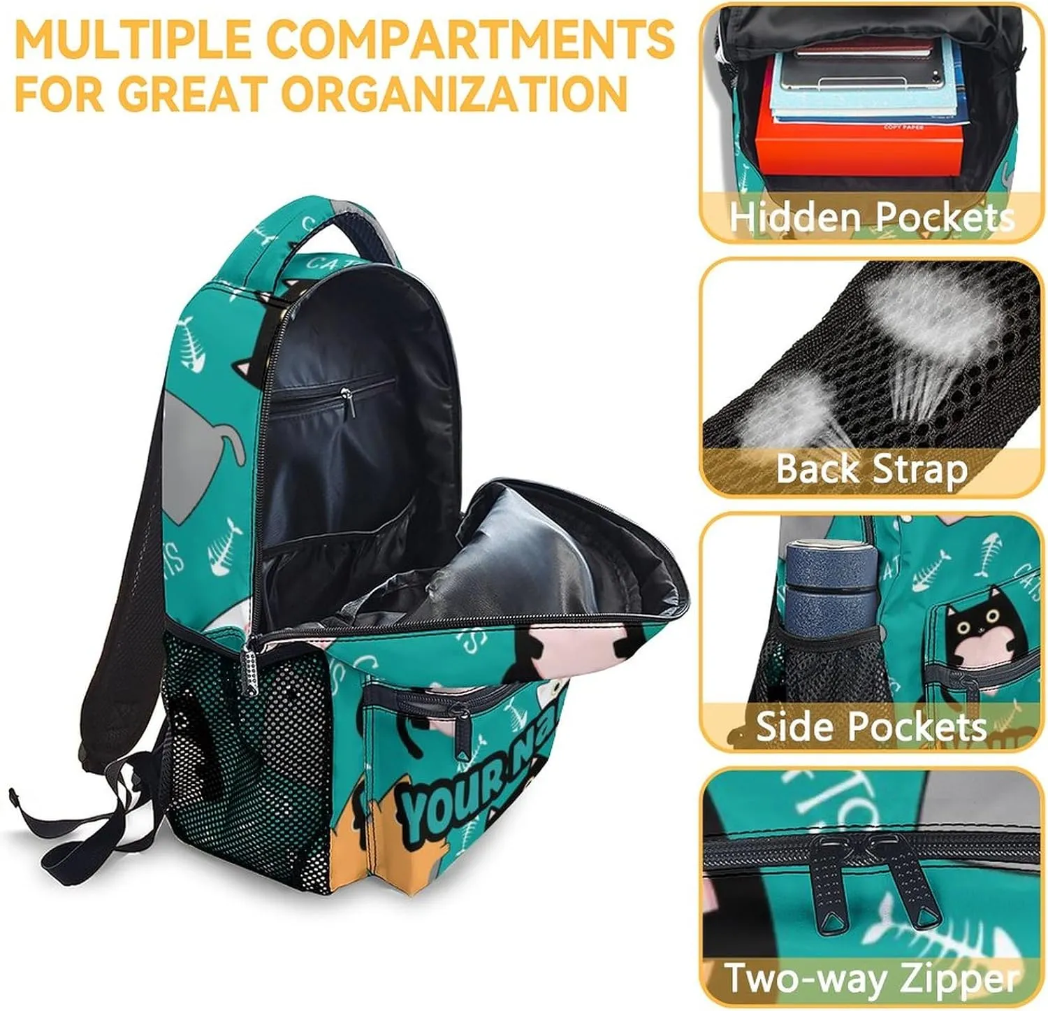 Custom Girls Cat Backpack for School - 16 Inches Cartoon Personalized Backpacks - Green Durable Bookbag for Middle School