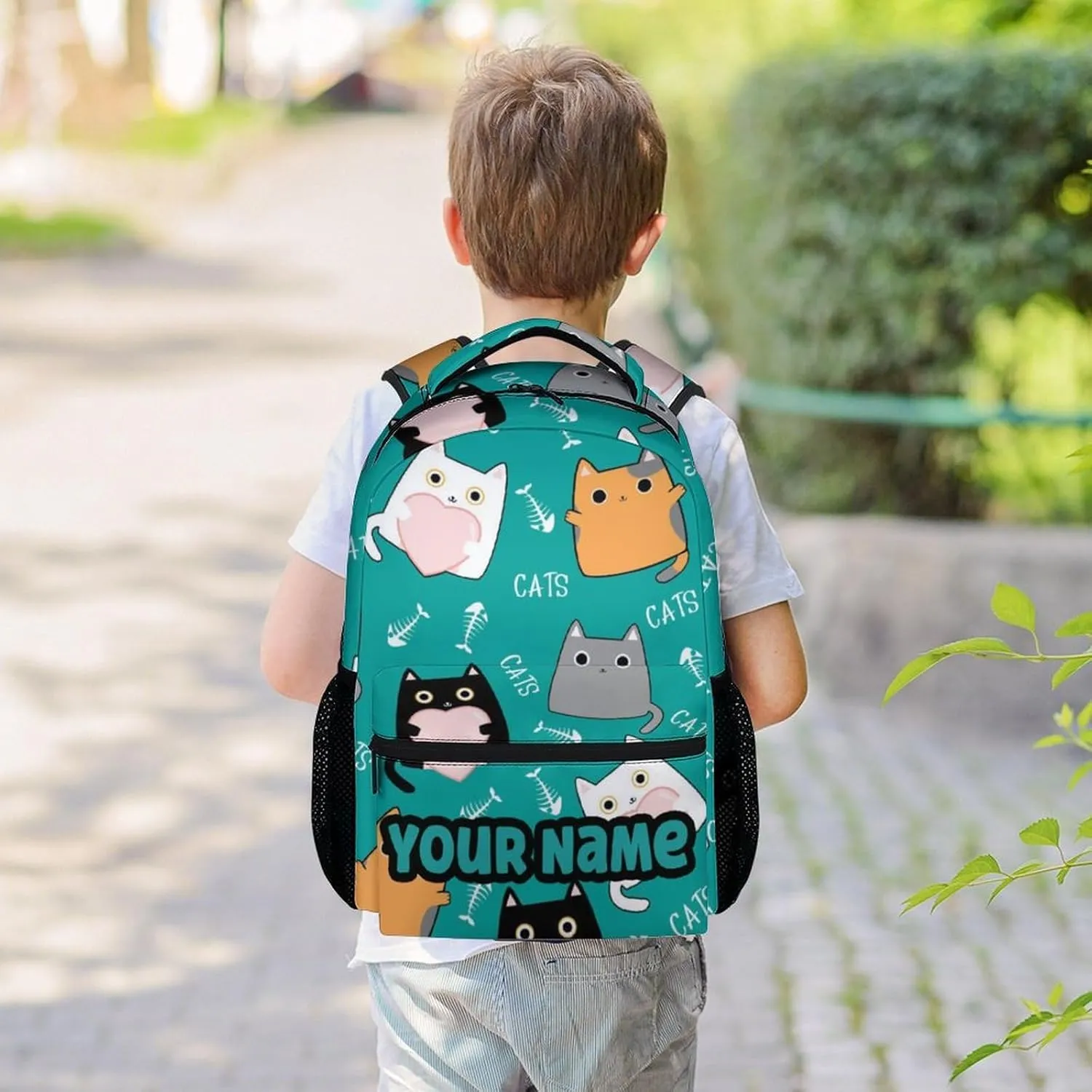 Custom Girls Cat Backpack for School - 16 Inches Cartoon Personalized Backpacks - Green Durable Bookbag for Middle School