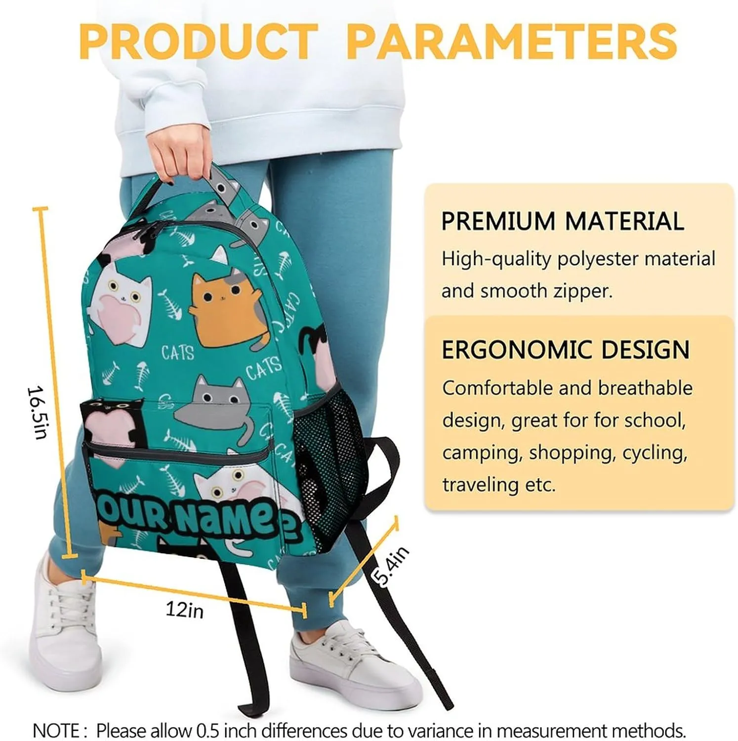 Custom Girls Cat Backpack for School - 16 Inches Cartoon Personalized Backpacks - Green Durable Bookbag for Middle School