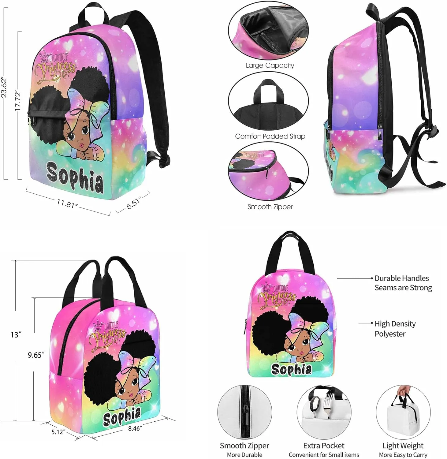 Custom Kids Backpack Bag for Girls Daugther, Personalized Name Elementary School Bookbag or Lunch Box Tote Bag for Women Picnic Customzied Schoolbags Casual Daypack for Students Back to School