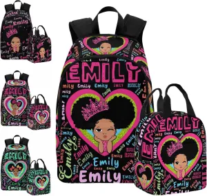 Custom Name Backpack Lunch Bag Set for Kids, Personalized Dreamy Hearts Monogram Schoolbag Lunch Bag with Name Customized Travel Bag Knapsack Backpack for Teens