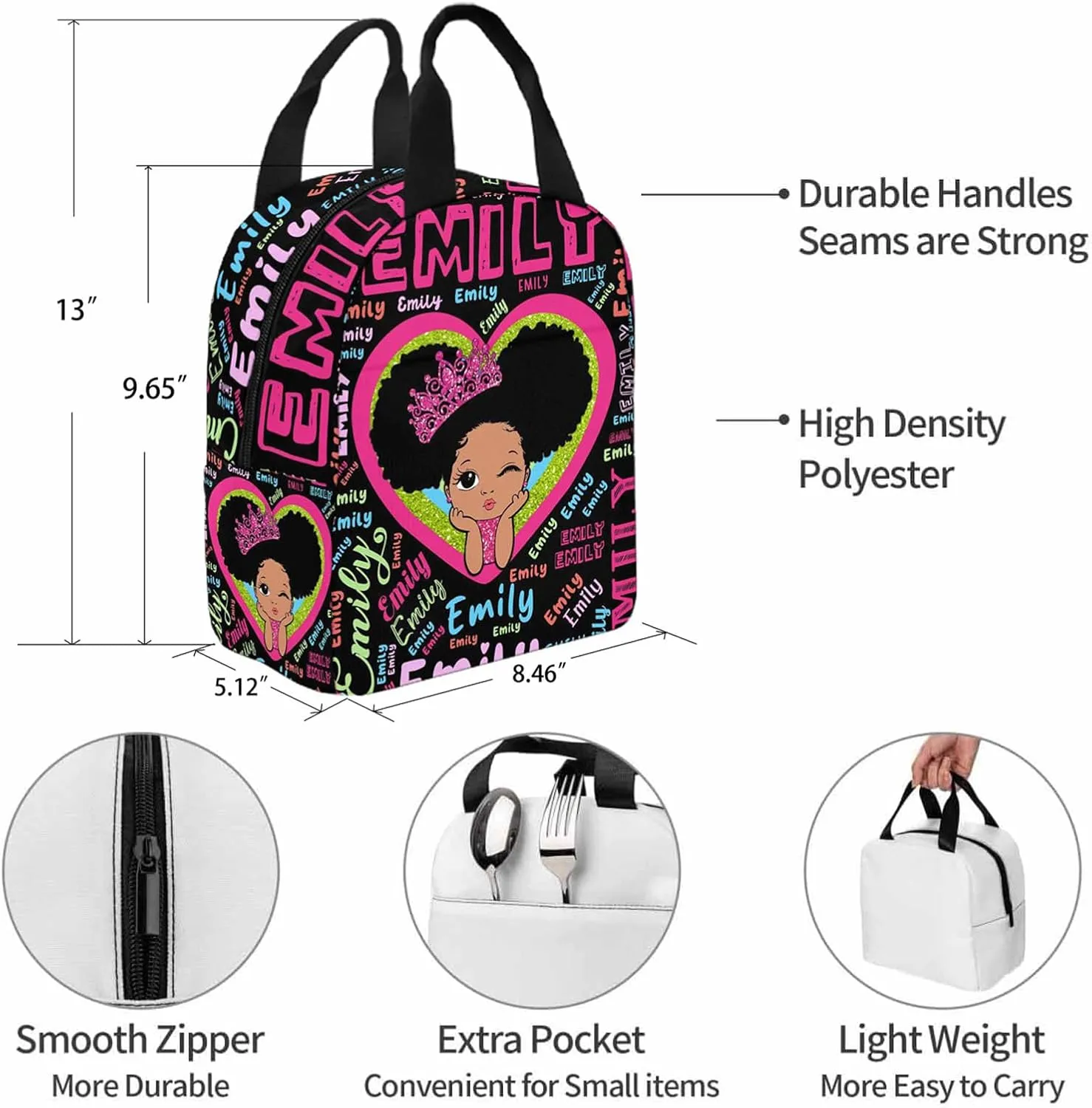 Custom Name Backpack Lunch Bag Set for Kids, Personalized Dreamy Hearts Monogram Schoolbag Lunch Bag with Name Customized Travel Bag Knapsack Backpack for Teens