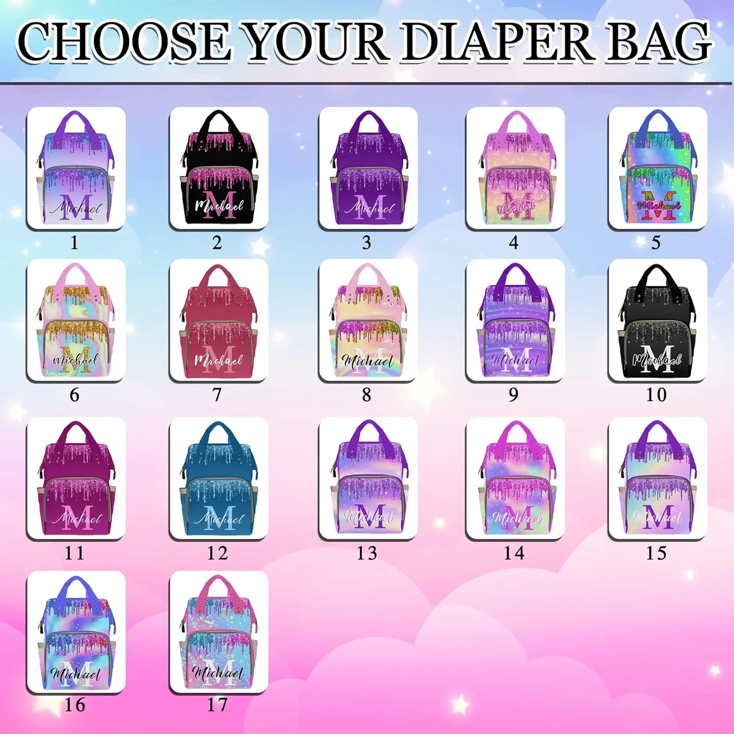 Custom Name Diaper Bag Baby Backpack, Personalized Colorful Glitter Laptop Backpack for Kids Customized Nursing Bags Shoulders Bag Casual Daypack for Women Men