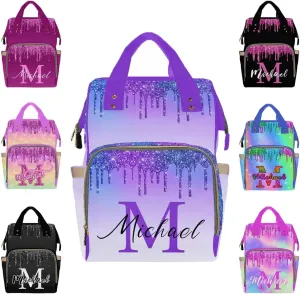 Custom Name Diaper Bag Baby Backpack, Personalized Colorful Glitter Laptop Backpack for Kids Customized Nursing Bags Shoulders Bag Casual Daypack for Women Men