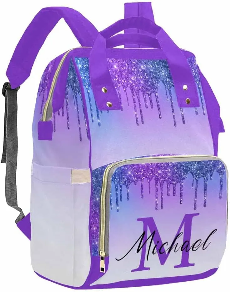 Custom Name Diaper Bag Baby Backpack, Personalized Colorful Glitter Laptop Backpack for Kids Customized Nursing Bags Shoulders Bag Casual Daypack for Women Men