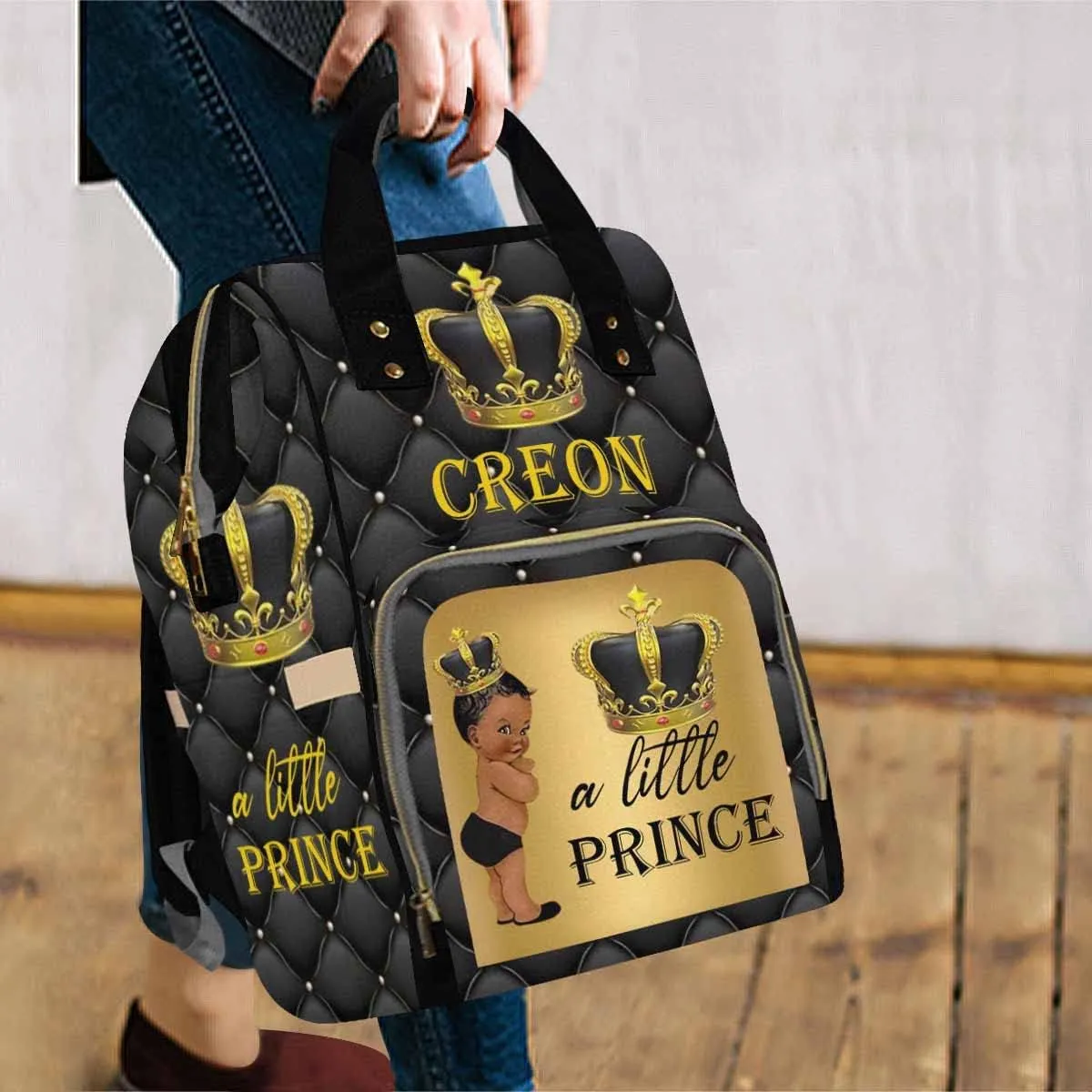 Custom Name Diaper Bag Customized Little Prince Black Gold Backpack Personalized Laptop Backpack with Name Nursing Bags Fashion Shoulders Bag Casual Daypack Travel Bag for Women
