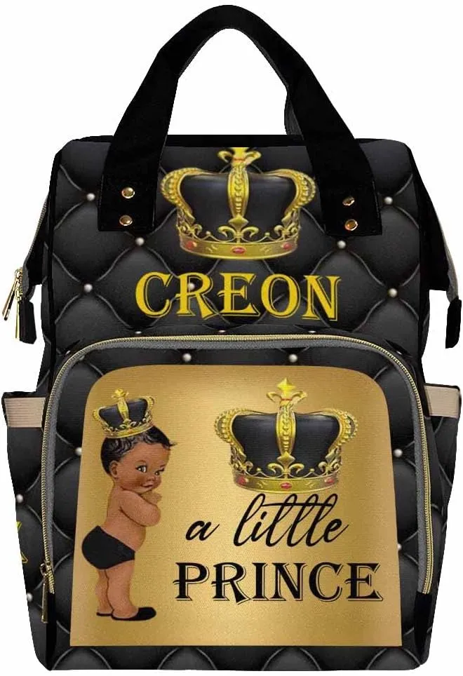 Custom Name Diaper Bag Customized Little Prince Black Gold Backpack Personalized Laptop Backpack with Name Nursing Bags Fashion Shoulders Bag Casual Daypack Travel Bag for Women