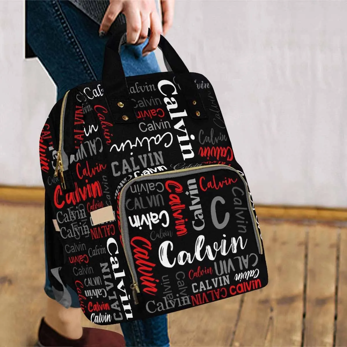 Custom Name Diaper Bag Personalized Black-Red Monogram Nursing Bags Shoulders Bag Casual Daypack Travel Bag for Women