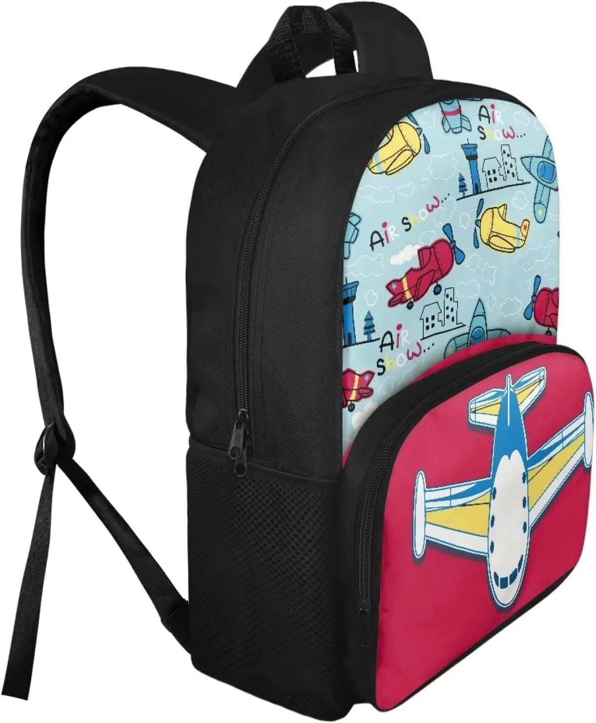 Custom Name Durable Kids Backpack for Ages 6-8, 15.7x11x6.3 Inch School Bag with Front Zipper, Side Pockets, Adjustable Straps, Children Learn Supplies & Birthday Gifts, Airplane Print