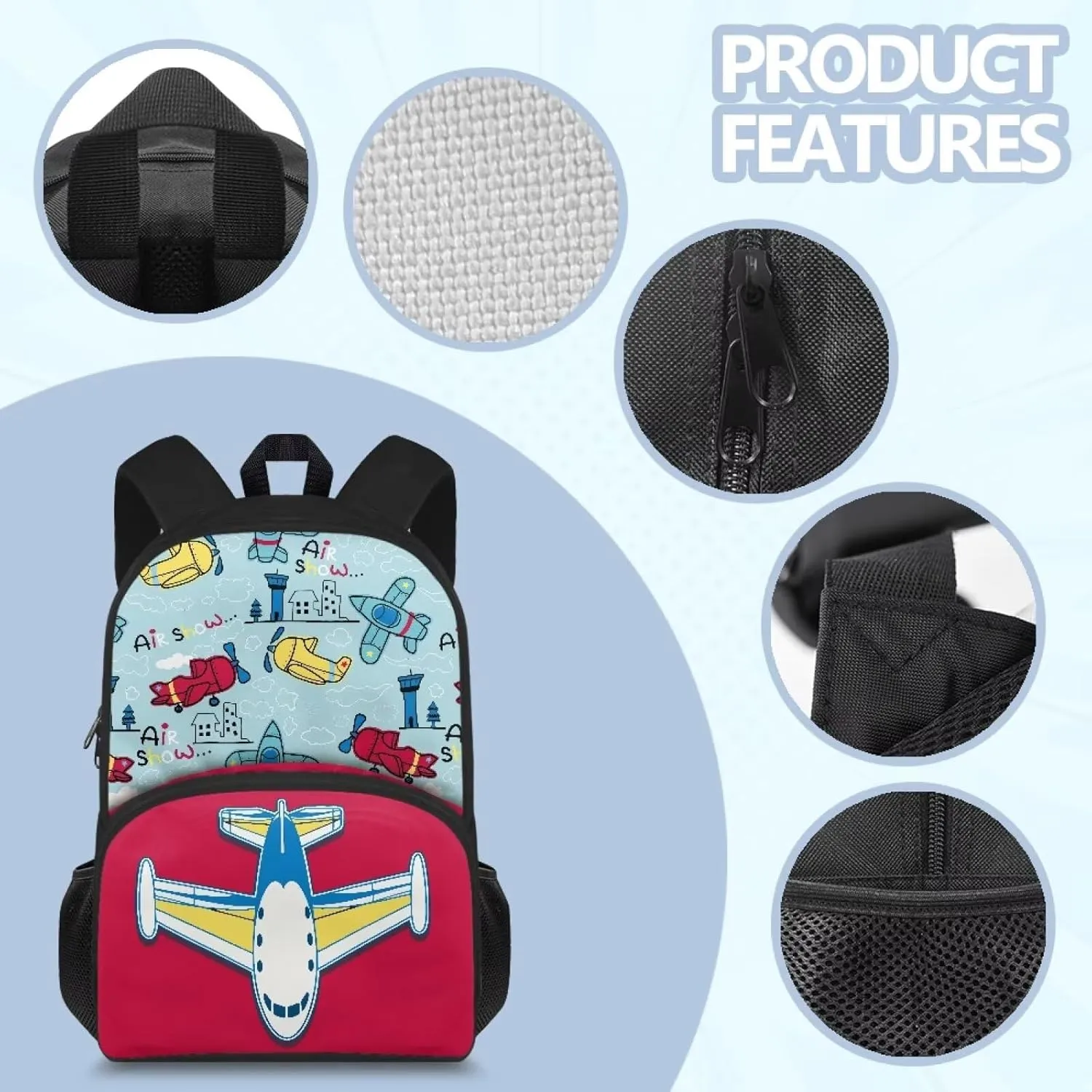 Custom Name Durable Kids Backpack for Ages 6-8, 15.7x11x6.3 Inch School Bag with Front Zipper, Side Pockets, Adjustable Straps, Children Learn Supplies & Birthday Gifts, Airplane Print
