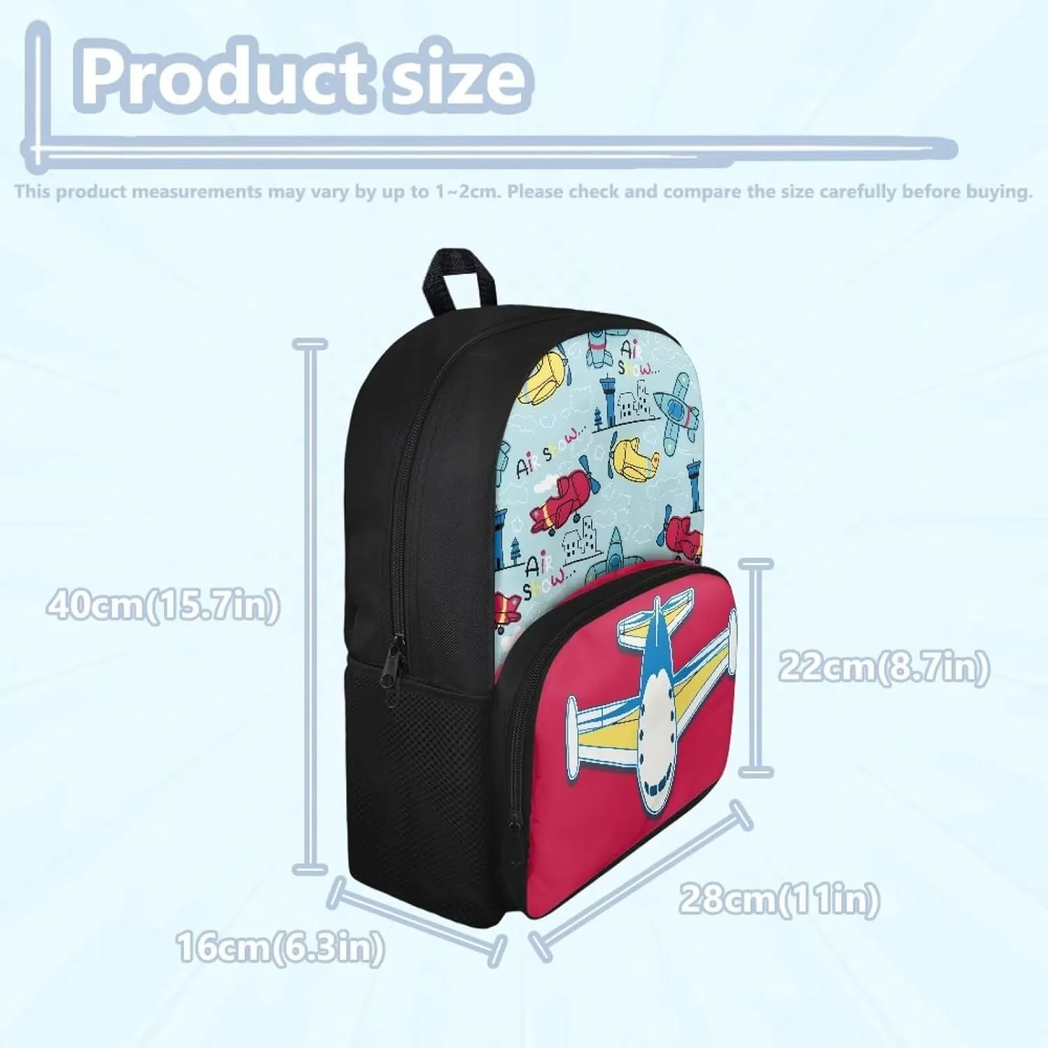 Custom Name Durable Kids Backpack for Ages 6-8, 15.7x11x6.3 Inch School Bag with Front Zipper, Side Pockets, Adjustable Straps, Children Learn Supplies & Birthday Gifts, Airplane Print