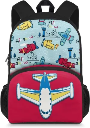 Custom Name Durable Kids Backpack for Ages 6-8, 15.7x11x6.3 Inch School Bag with Front Zipper, Side Pockets, Adjustable Straps, Children Learn Supplies & Birthday Gifts, Airplane Print
