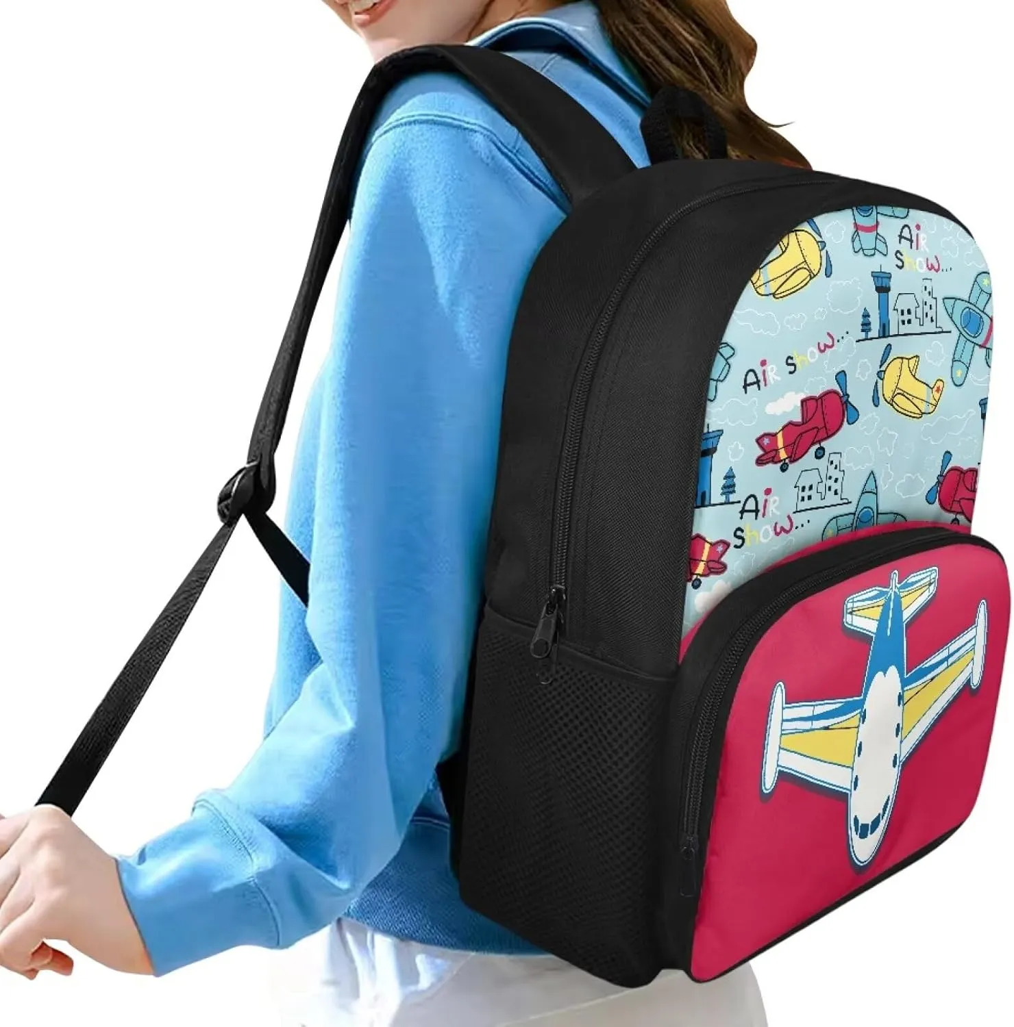 Custom Name Durable Kids Backpack for Ages 6-8, 15.7x11x6.3 Inch School Bag with Front Zipper, Side Pockets, Adjustable Straps, Children Learn Supplies & Birthday Gifts, Airplane Print