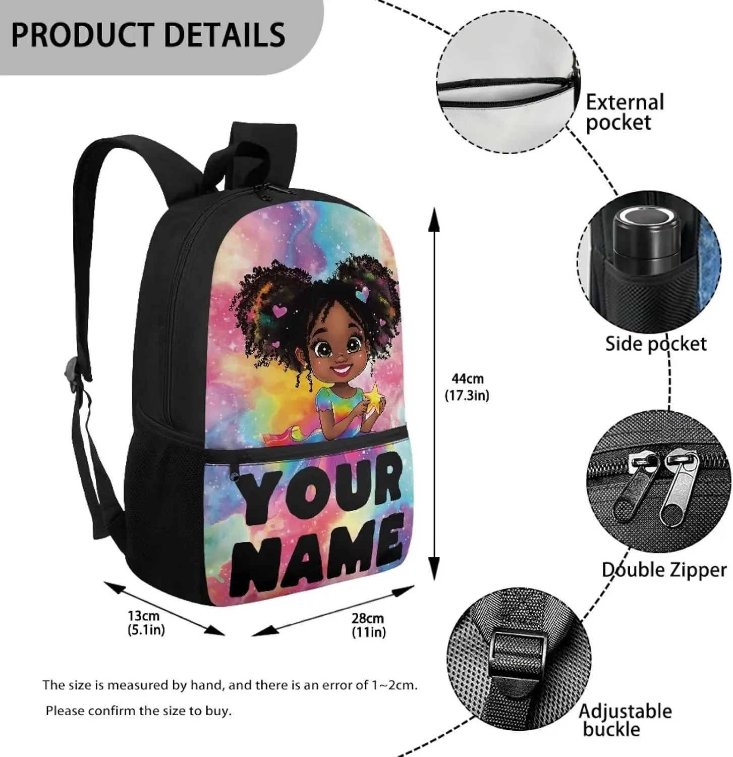 Custom School Backpack for Girls 8-16 - Personalized Africa Girl Print Backpack for Kids Preschool Primary - 17 Inch Bookbag for Travel Work School
