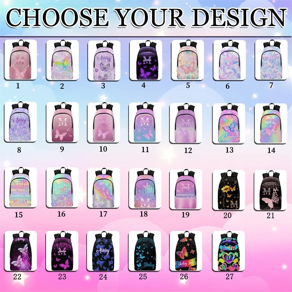 Customized Girls Bookbag with Lunch Bag, Personalized Glitter Butterfly Knapsack Backpack Custom Name Backpack and Lunch Box for Granddaughter Niece