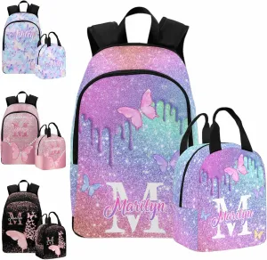 Customized Girls Bookbag with Lunch Bag, Personalized Glitter Butterfly Knapsack Backpack Custom Name Backpack and Lunch Box for Granddaughter Niece