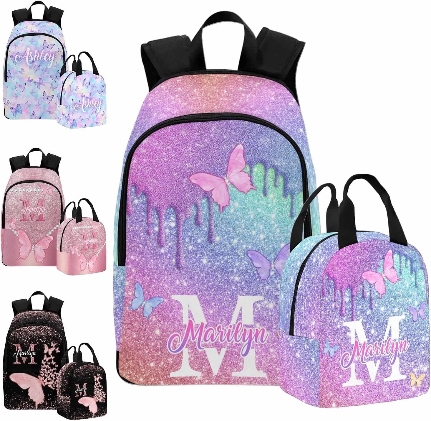 Customized Girls Bookbag with Lunch Bag, Personalized Glitter Butterfly Knapsack Backpack Custom Name Backpack and Lunch Box for Granddaughter Niece