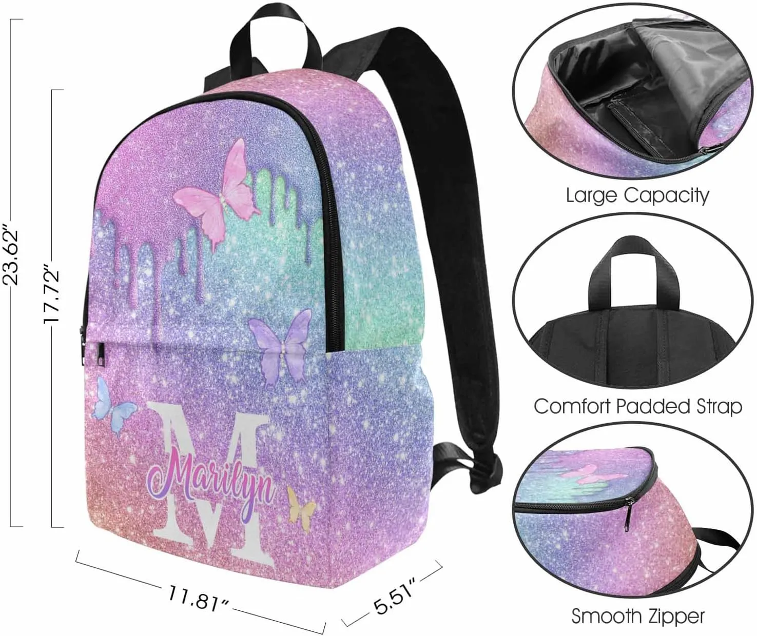 Customized Girls Bookbag with Lunch Bag, Personalized Glitter Butterfly Knapsack Backpack Custom Name Backpack and Lunch Box for Granddaughter Niece