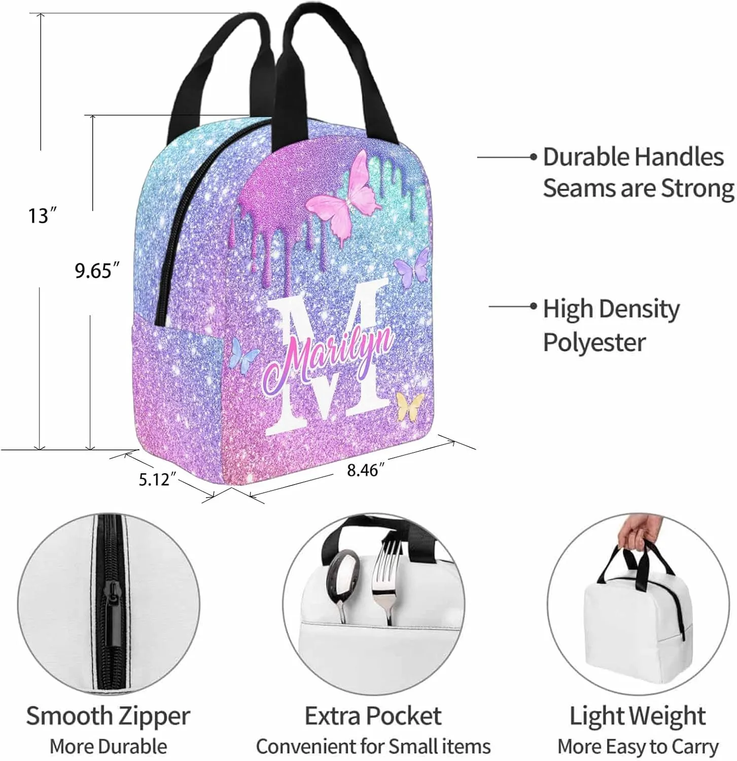 Customized Girls Bookbag with Lunch Bag, Personalized Glitter Butterfly Knapsack Backpack Custom Name Backpack and Lunch Box for Granddaughter Niece