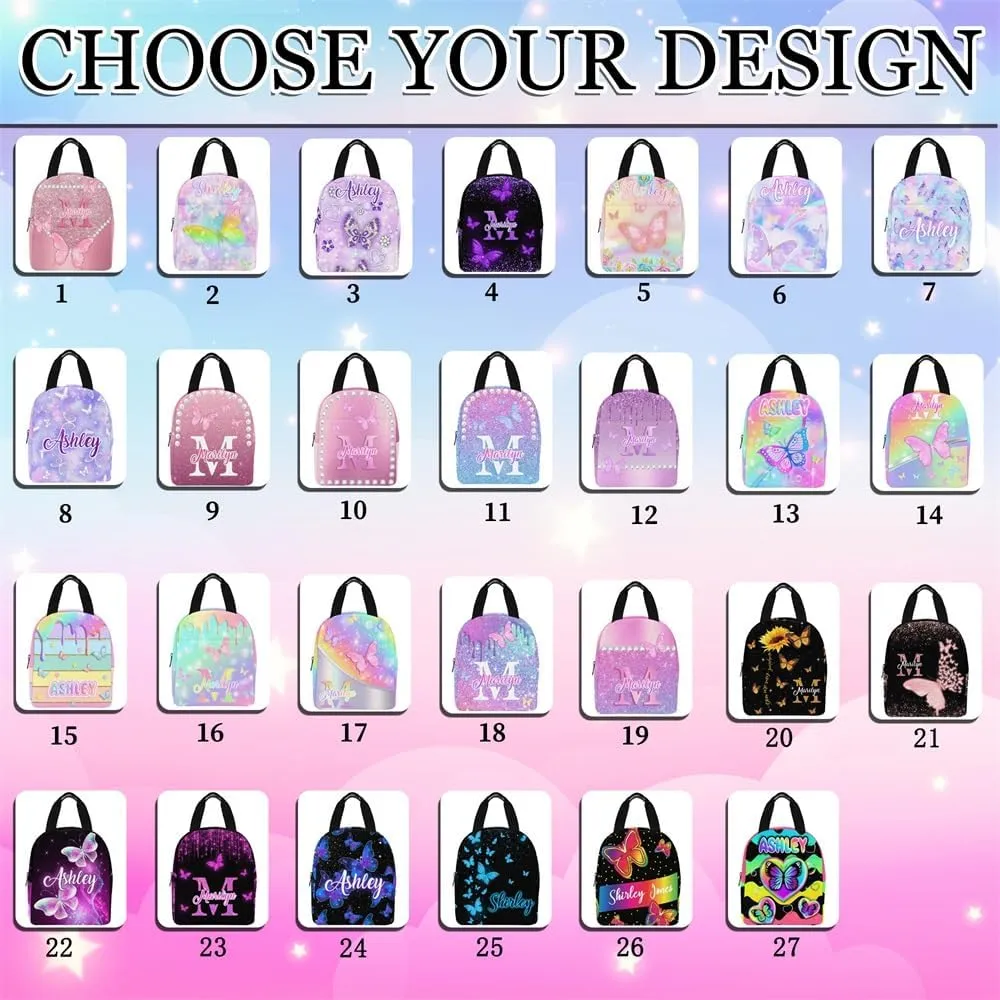 Customized Girls Bookbag with Lunch Bag, Personalized Glitter Butterfly Knapsack Backpack Custom Name Backpack and Lunch Box for Granddaughter Niece
