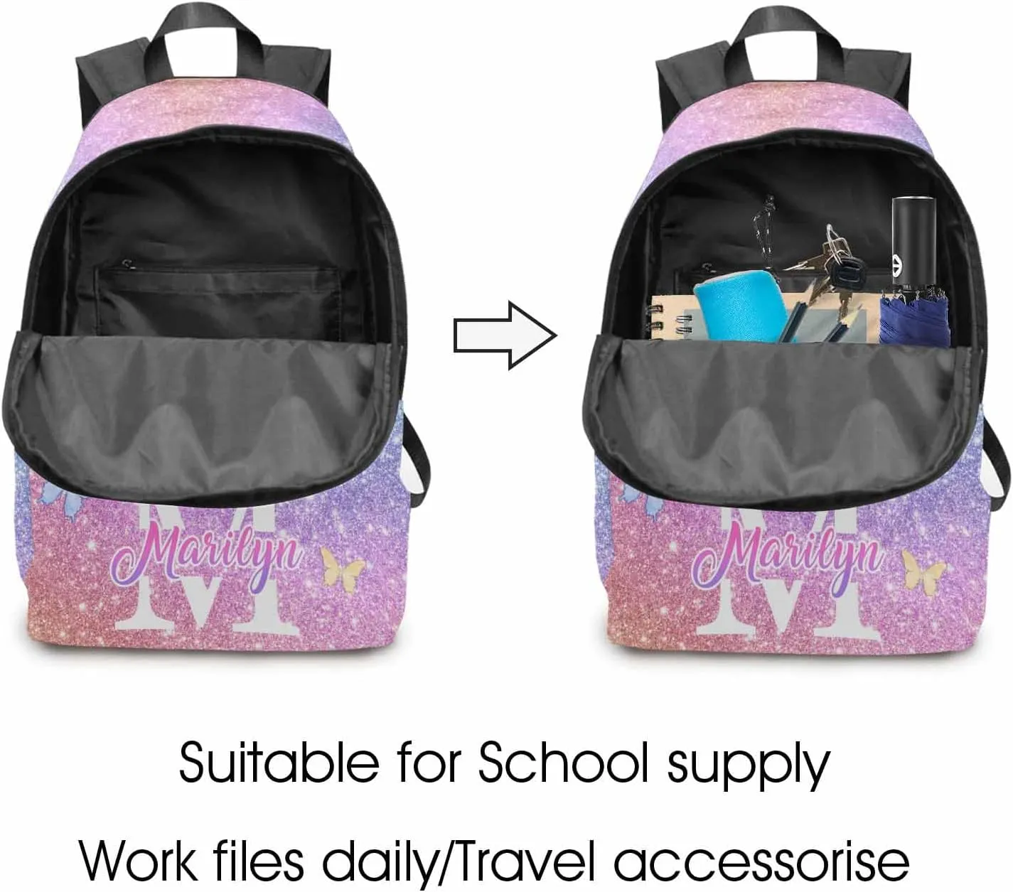 Customized Girls Bookbag with Lunch Bag, Personalized Glitter Butterfly Knapsack Backpack Custom Name Backpack and Lunch Box for Granddaughter Niece