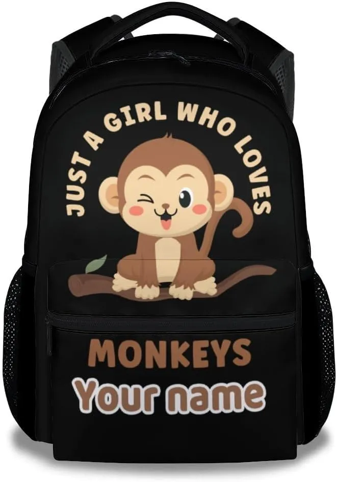 Customized Girls Monkey Backpack - 16 Inches Cute Personalized Backpacks for Camp - Black Durable Bookbag for Elementary