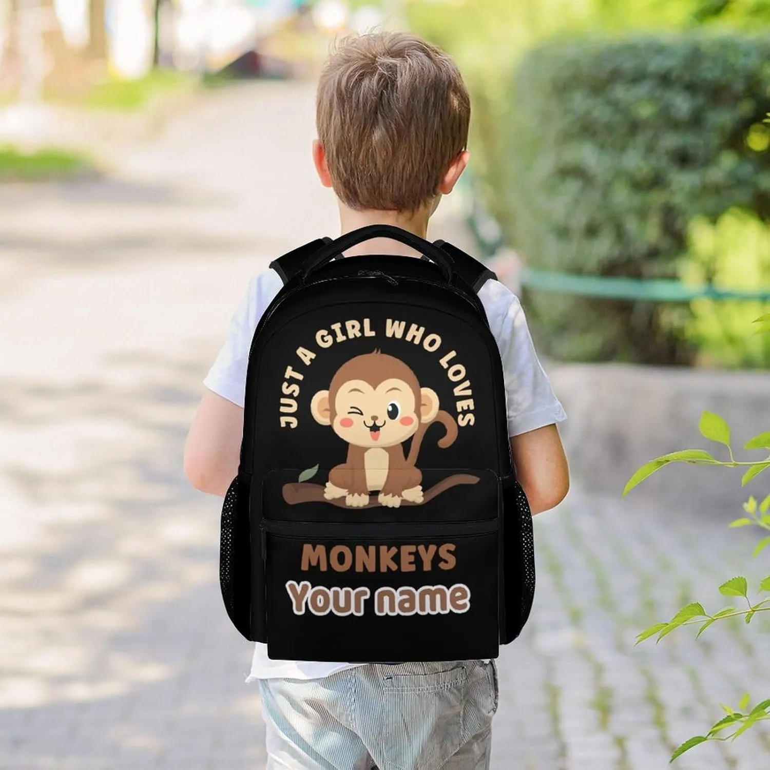 Customized Girls Monkey Backpack - 16 Inches Cute Personalized Backpacks for Camp - Black Durable Bookbag for Elementary