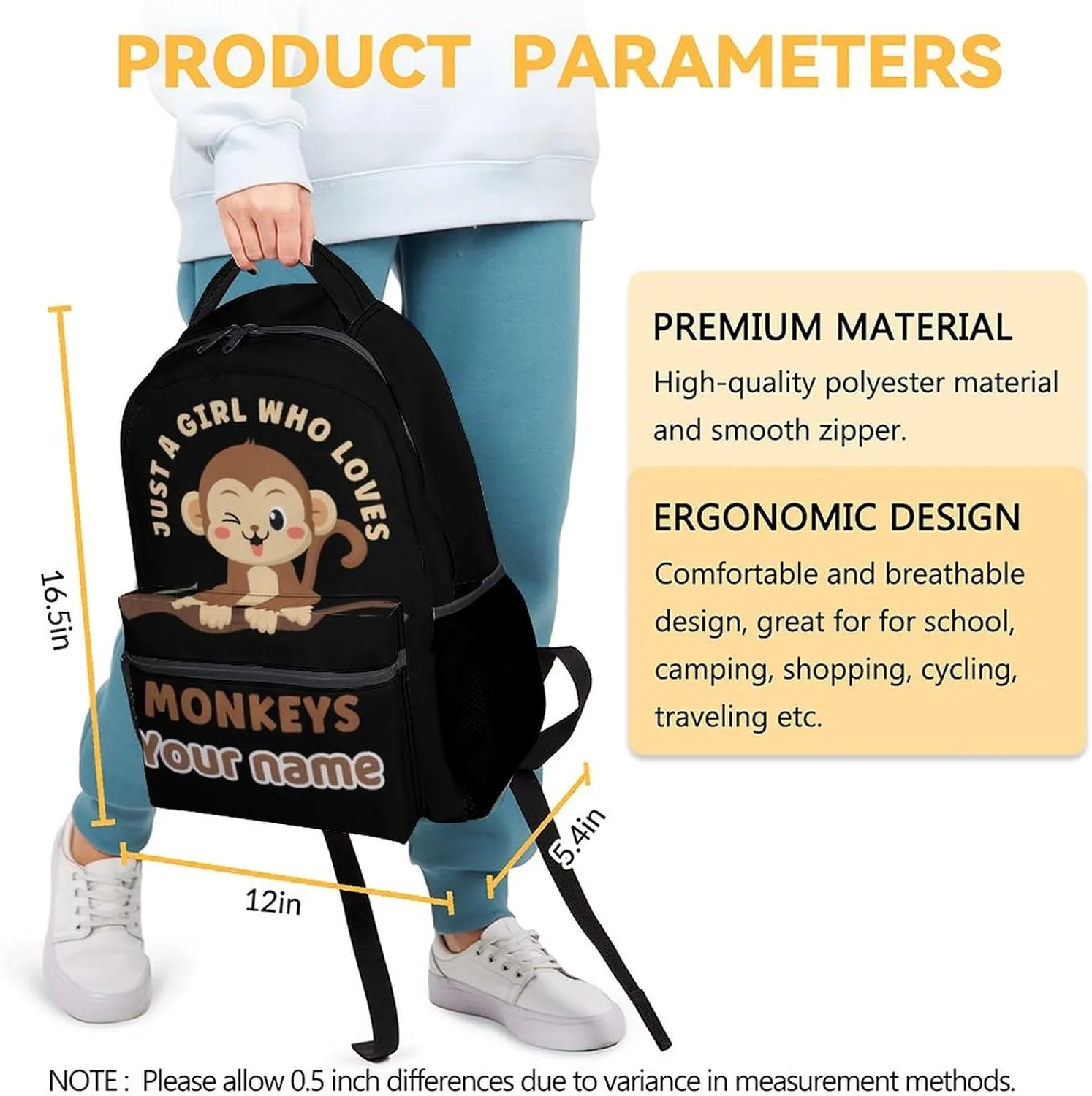 Customized Girls Monkey Backpack - 16 Inches Cute Personalized Backpacks for Camp - Black Durable Bookbag for Elementary