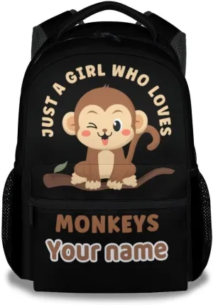 Customized Girls Monkey Backpack - 16 Inches Cute Personalized Backpacks for Camp - Black Durable Bookbag for Elementary