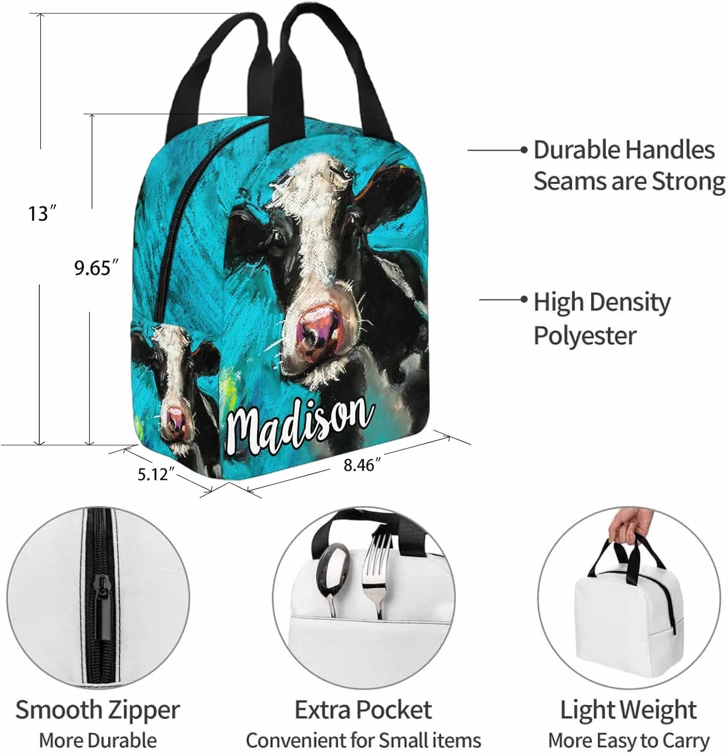 Customized Name School Bags Set from Dad, Custom Cow Backpack Lunch Bag Personalized Animal Shoulder Bag with Lunch Box for Son Daughter
