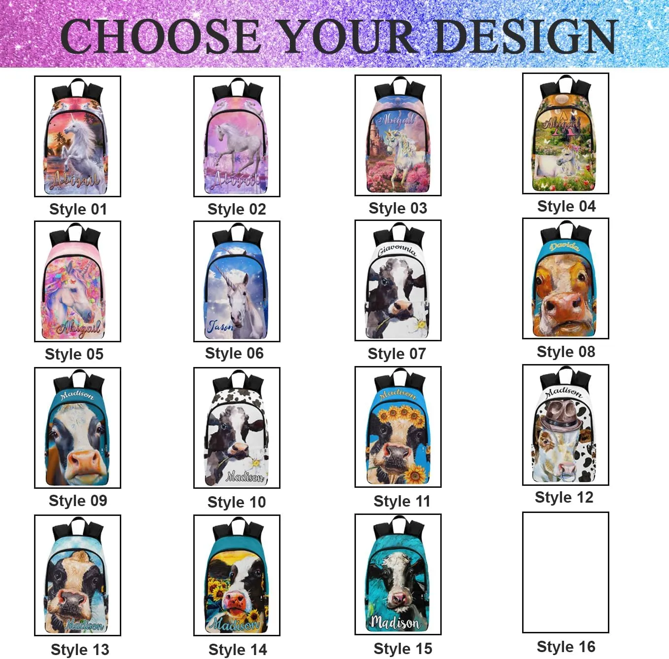 Customized Name School Bags Set from Dad, Custom Cow Backpack Lunch Bag Personalized Animal Shoulder Bag with Lunch Box for Son Daughter