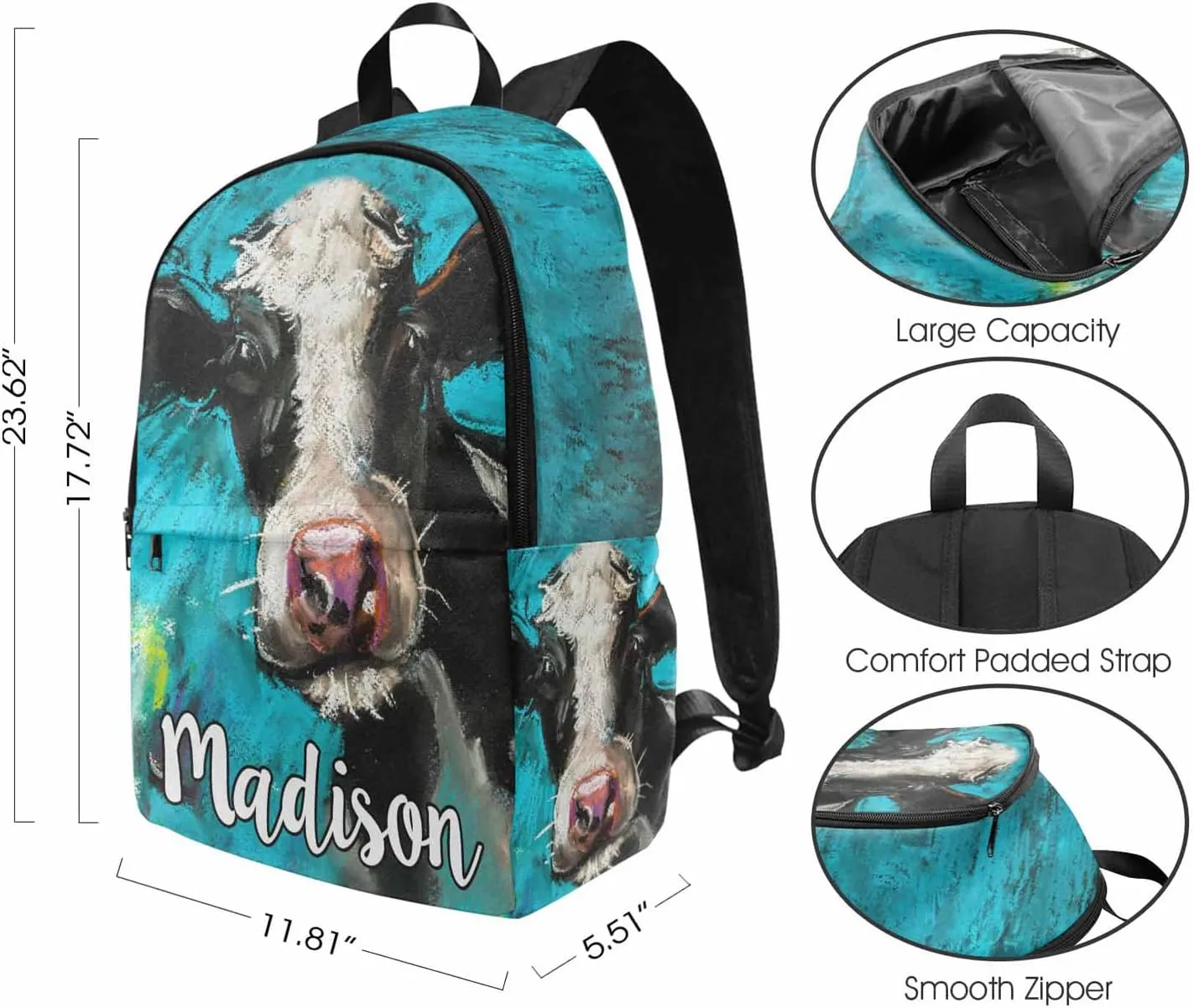 Customized Name School Bags Set from Dad, Custom Cow Backpack Lunch Bag Personalized Animal Shoulder Bag with Lunch Box for Son Daughter
