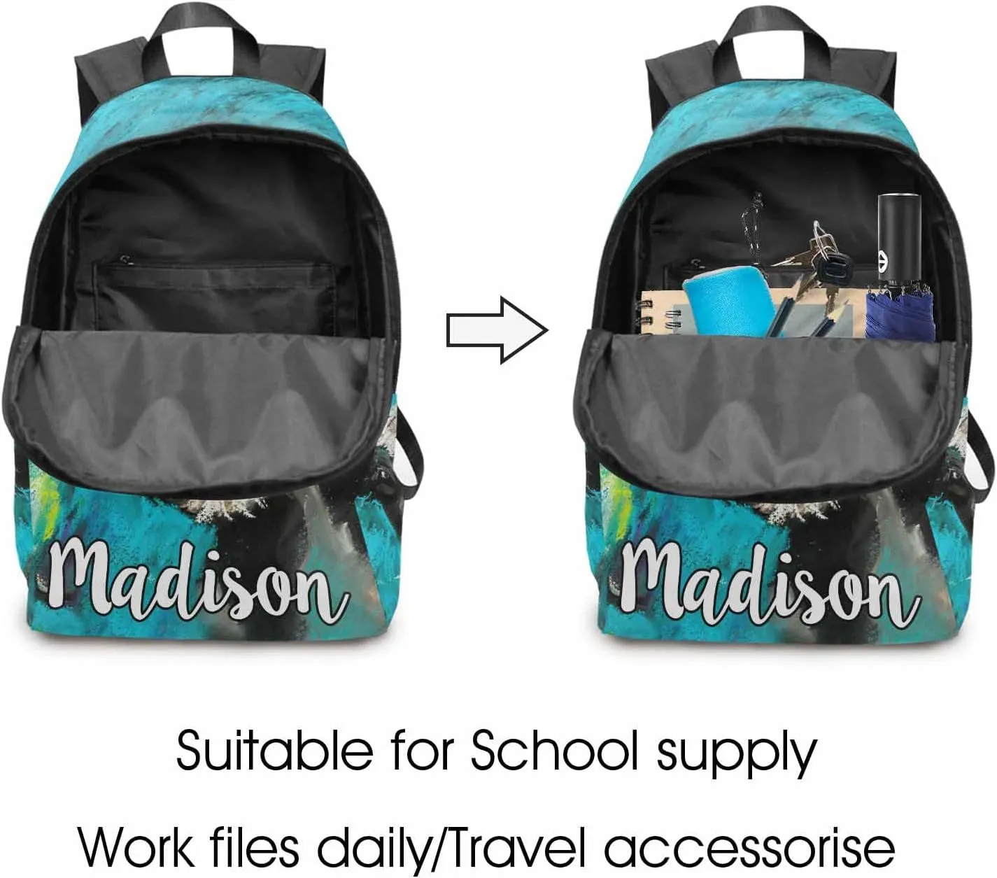 Customized Name School Bags Set from Dad, Custom Cow Backpack Lunch Bag Personalized Animal Shoulder Bag with Lunch Box for Son Daughter