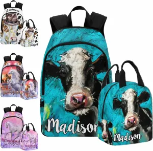 Customized Name School Bags Set from Dad, Custom Cow Backpack Lunch Bag Personalized Animal Shoulder Bag with Lunch Box for Son Daughter