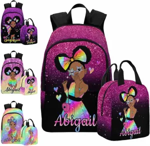 Customized School Bags Set for Girls, Custom Colorful Backpack Lunch Bag Set Personalized Laptop Backpack Fashion Daypack for Granddaughter Niece Birthday