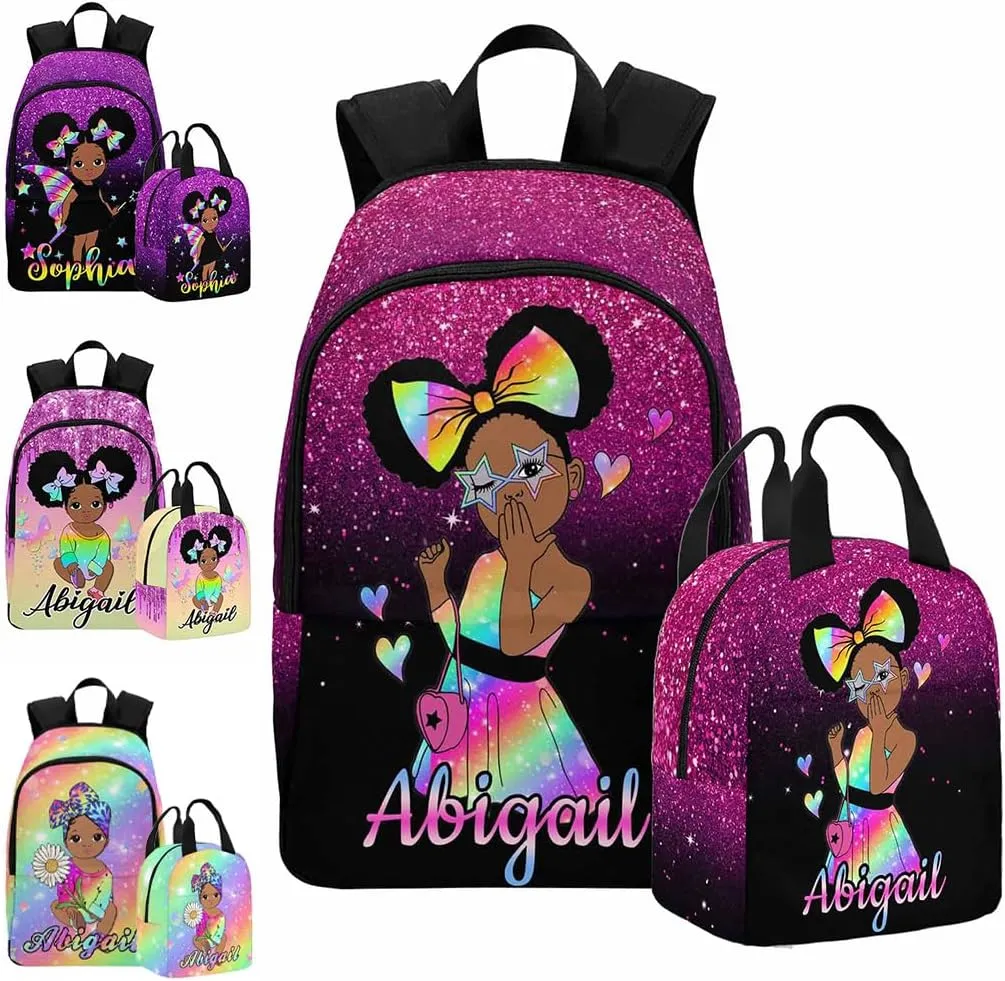 Customized School Bags Set for Girls, Custom Colorful Backpack Lunch Bag Set Personalized Laptop Backpack Fashion Daypack for Granddaughter Niece Birthday