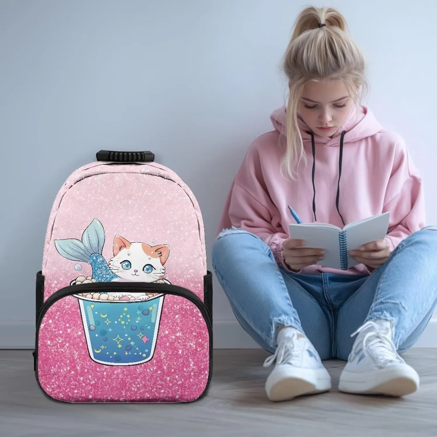 Cute Cat Print Computer Bags for Men Backpacks for Laptops Sturdy Book Bag with 2 Compartments Large Shoulder Purse Bagpack for School