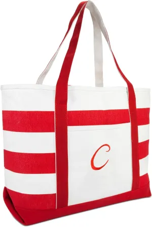 DALIX Beach Tote Bag Shoulder Bags Striped Monogrammed Red Ballent Letter A - Z