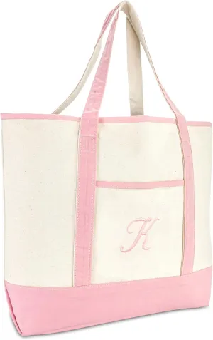 DALIX Women's Cotton Canvas Tote Bag Large Shoulder Bags Pink Monogram A - Z