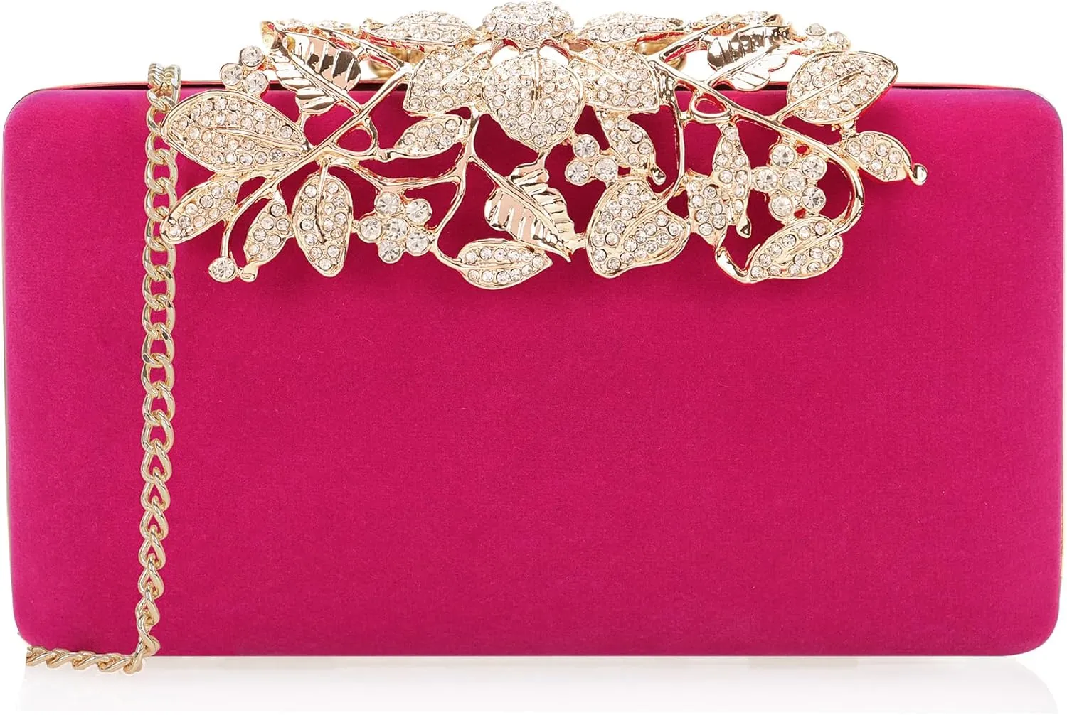 Dexmay Velvet Clutch Bag with Crystal Floral Clasp Women Evening Handbag Formal Party Purse Hot Pink