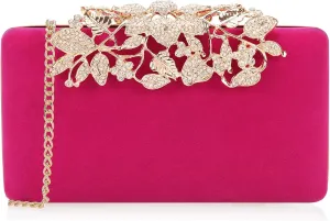 Dexmay Velvet Clutch Bag with Crystal Floral Clasp Women Evening Handbag Formal Party Purse Hot Pink