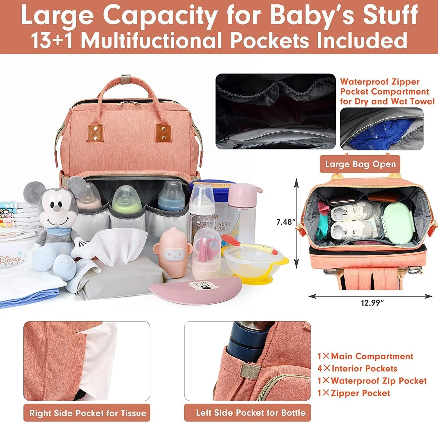 Diaper Bag Backpack with Changing Station 3 in 1 Multifunction Backpack Portable Travel Mommy Bag Stroller (3037-Pink)