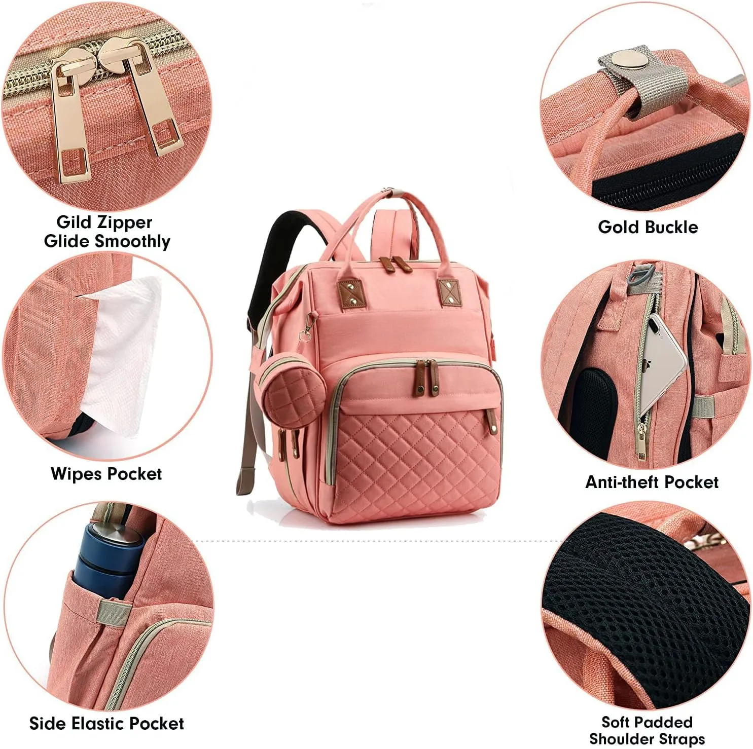 Diaper Bag Backpack with Changing Station 3 in 1 Multifunction Backpack Portable Travel Mommy Bag Stroller (3037-Pink)