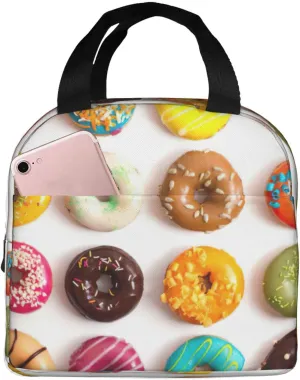 Different Flavors of Doughnuts print Lunch Bag, Food Handbags Case, Leakproof Insulated, for Work/Picnic/Beach/Travel