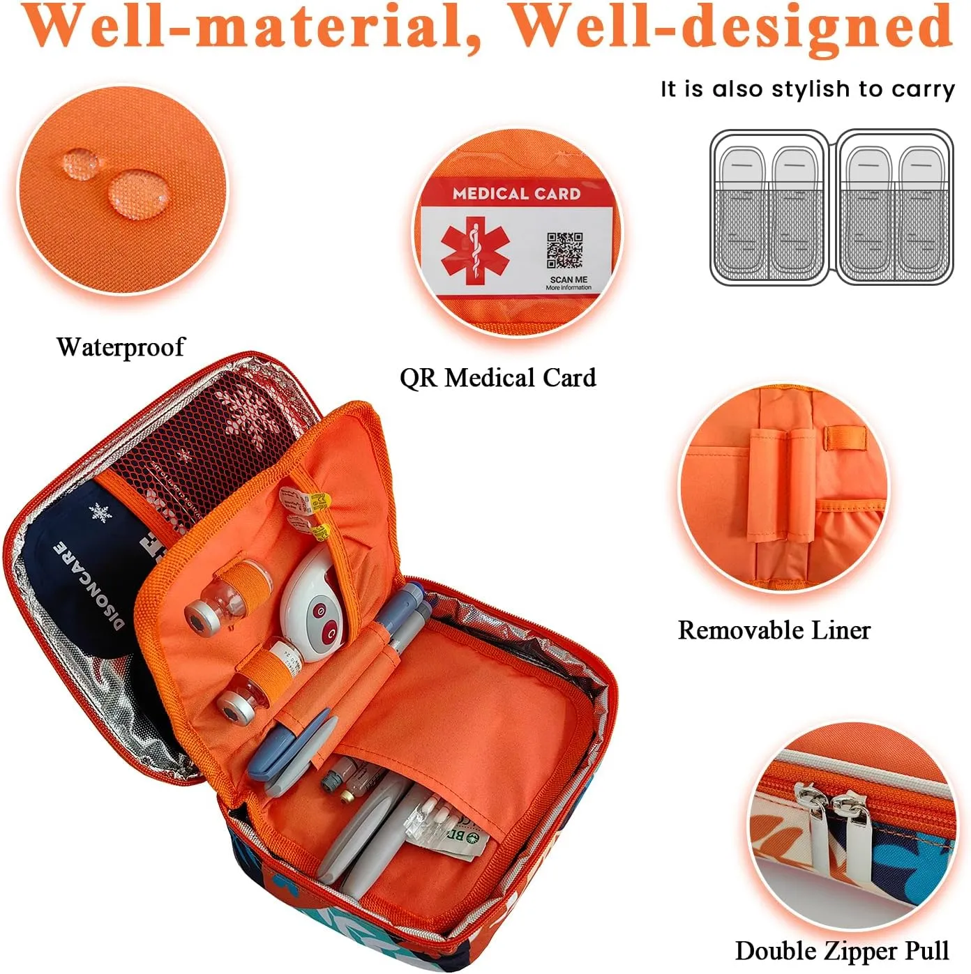 DISONCARE Insulin Cooler Travel Case Medicine Organizer Diabetic Medication Bag for Insulin Pens and Other Diabetes Supplies with 4 Ice Packs, Insulation Liner, and Medical Card